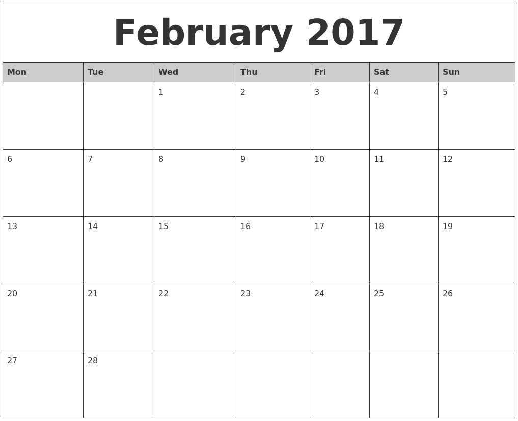 February 2017 Monthly Calendar Printable