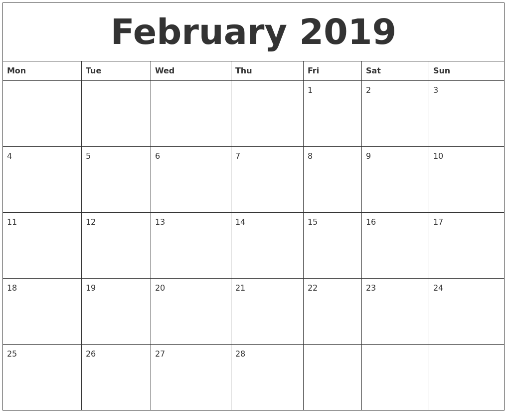 February 2019 Calendar Print Out