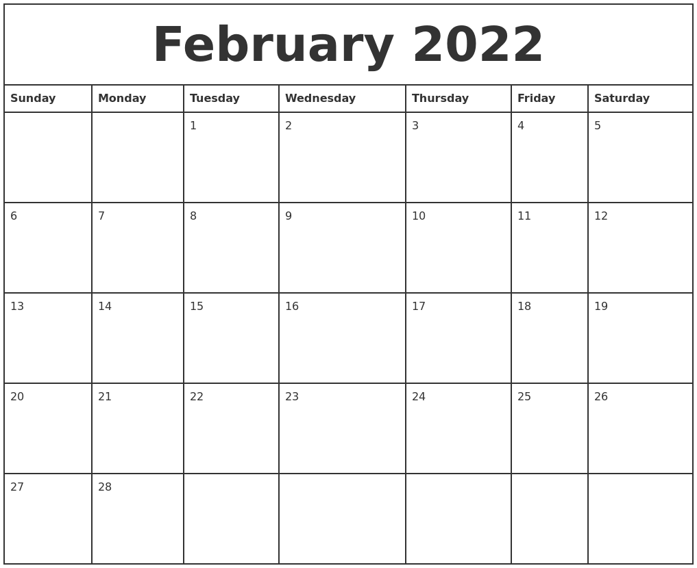 February 2022 Printable Monthly Calendar