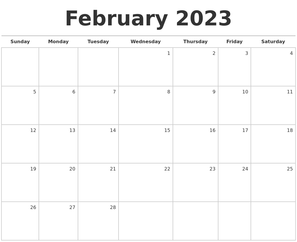 February 2023 Blank Monthly Calendar