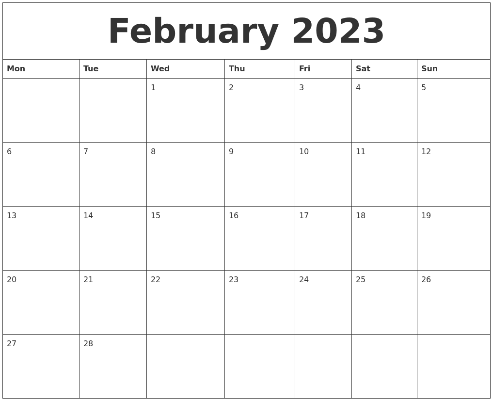 February 2023 Calendar Monthly