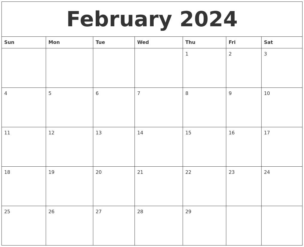 February 2024 Print Blank Calendar
