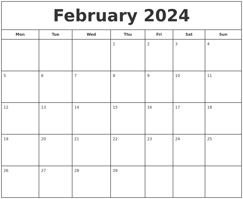 February 2024 Print Free Calendar