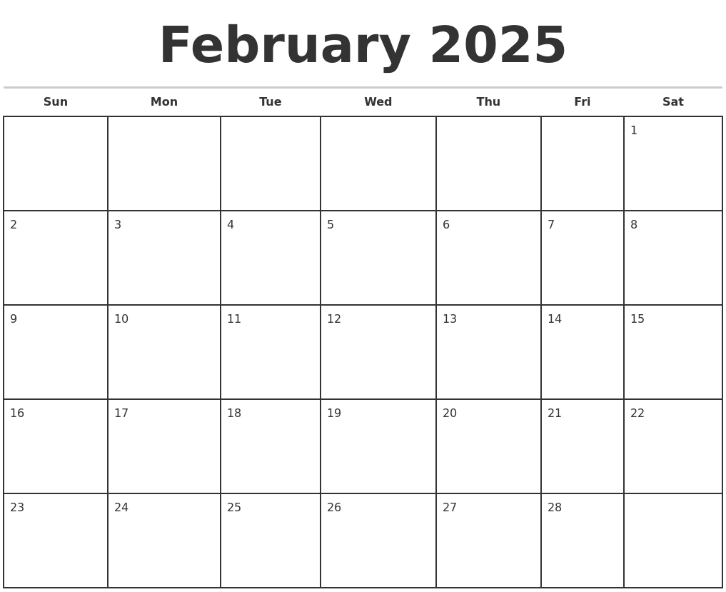 February 2025 Monthly Calendar Template