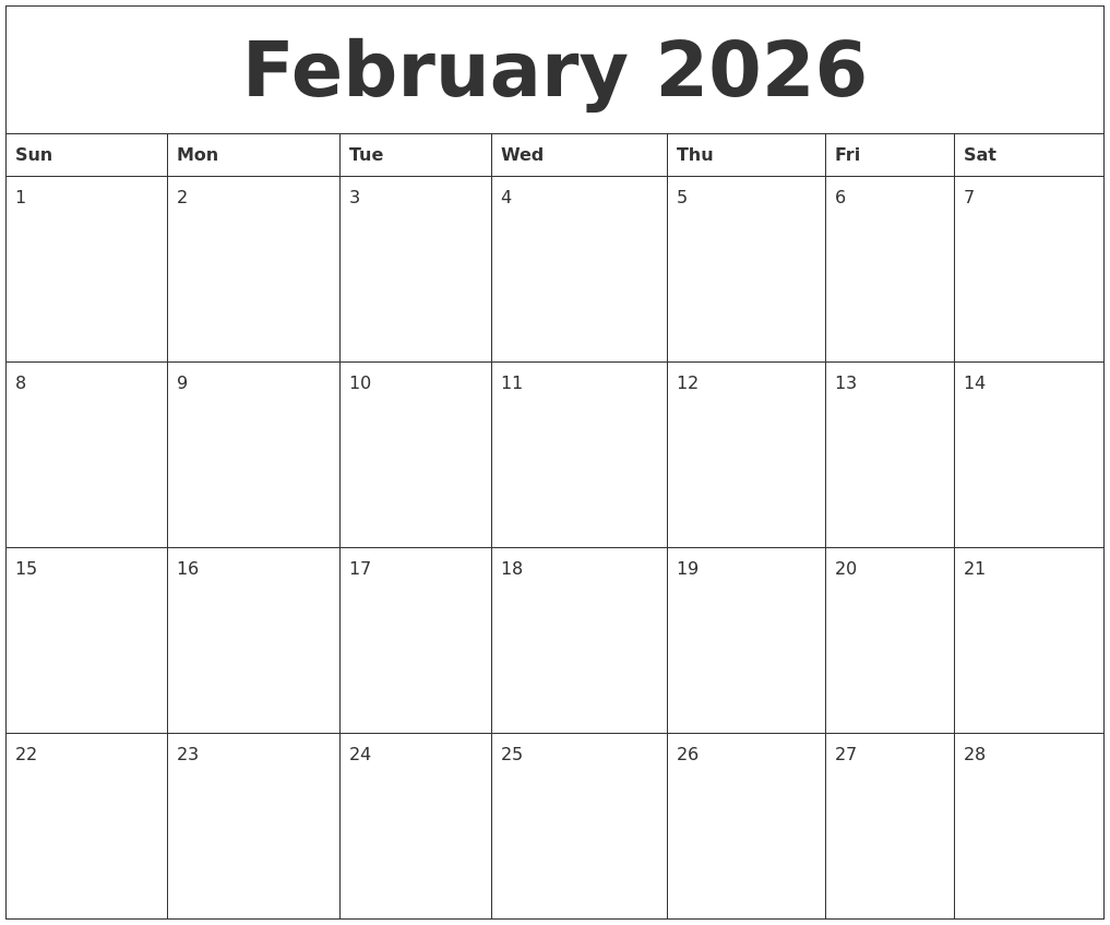 February 2026 Calendar For Printing