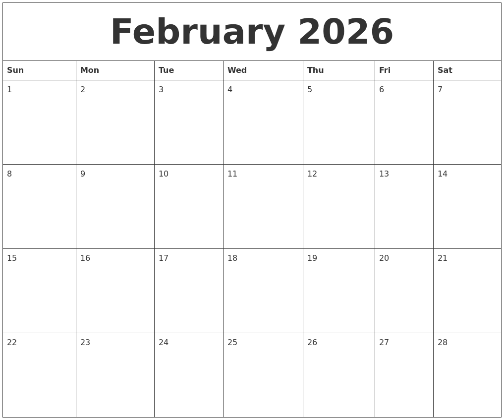 February 2026 Month Calendar Template