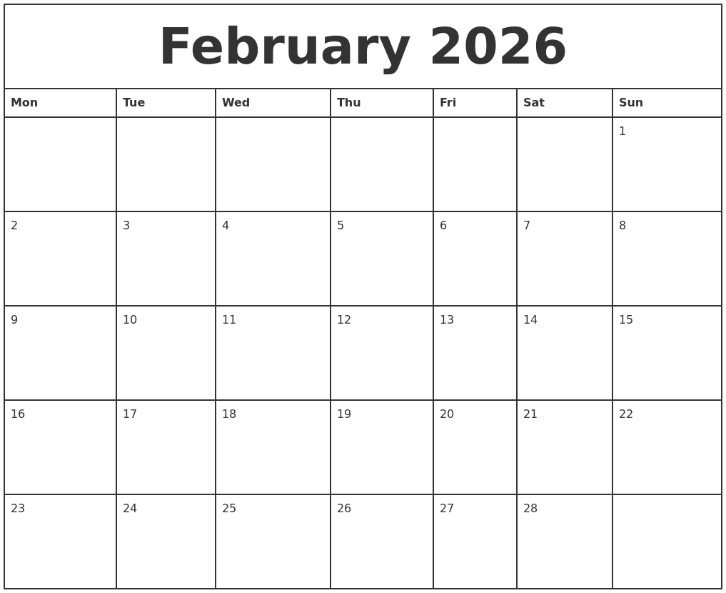 February 2026 Printable Monthly Calendar