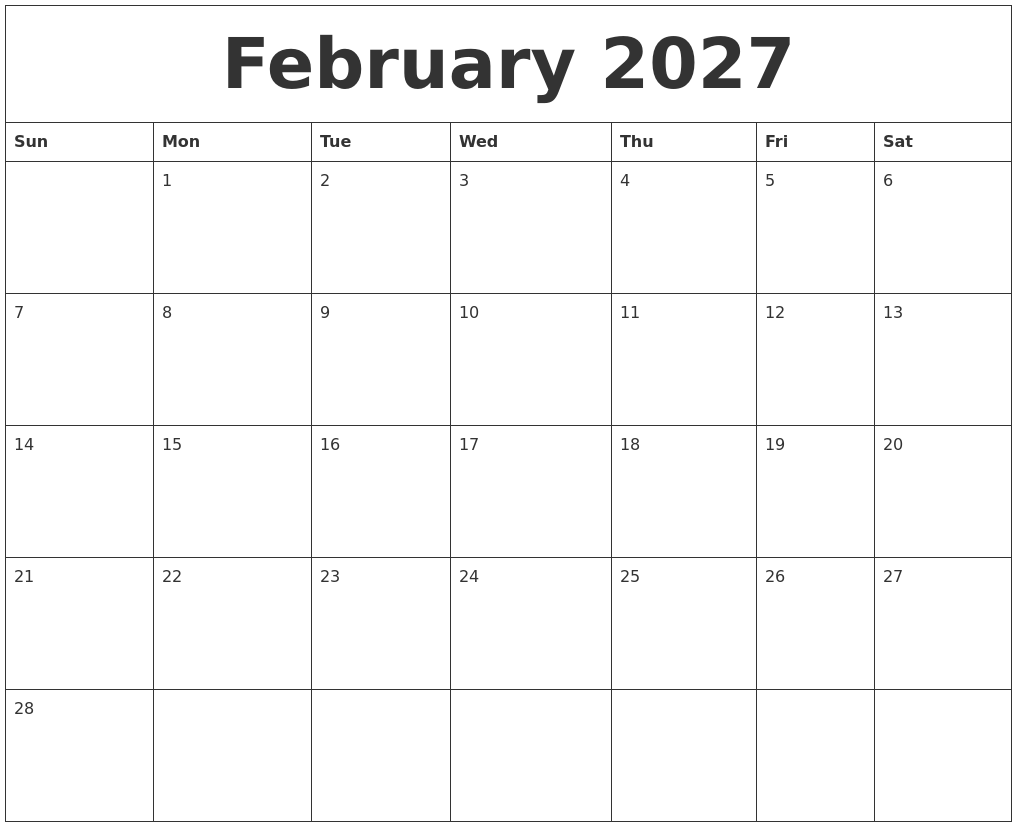 February 2027 Blank Calendar To Print