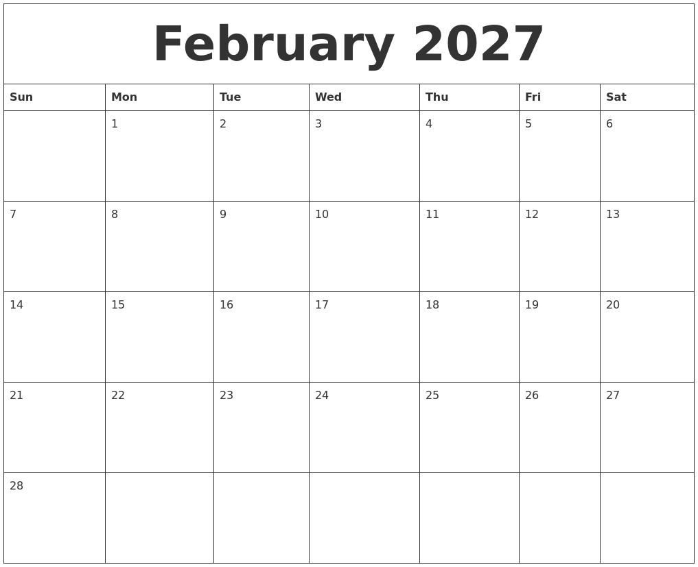 February 2027 Free Monthly Calendar Template