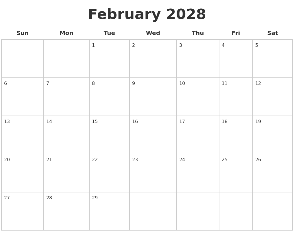February 2028 Blank Calendar Pages