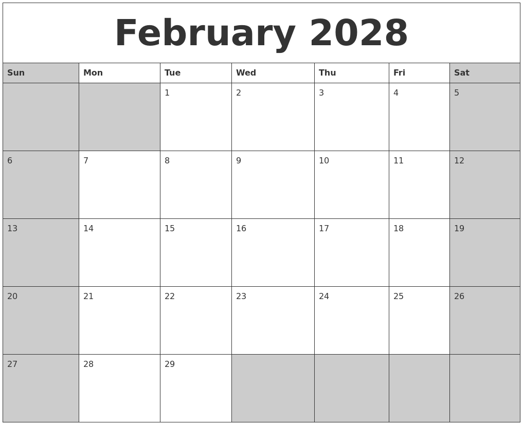February 2028 Calanders