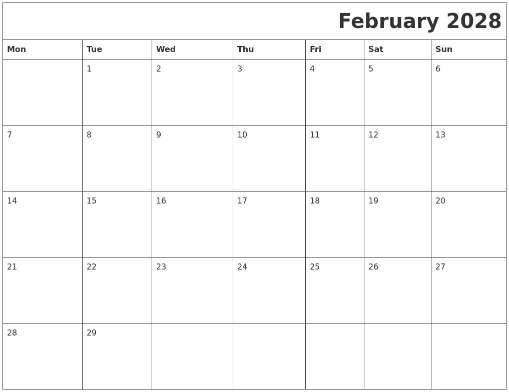 February 2028 Download Calendar