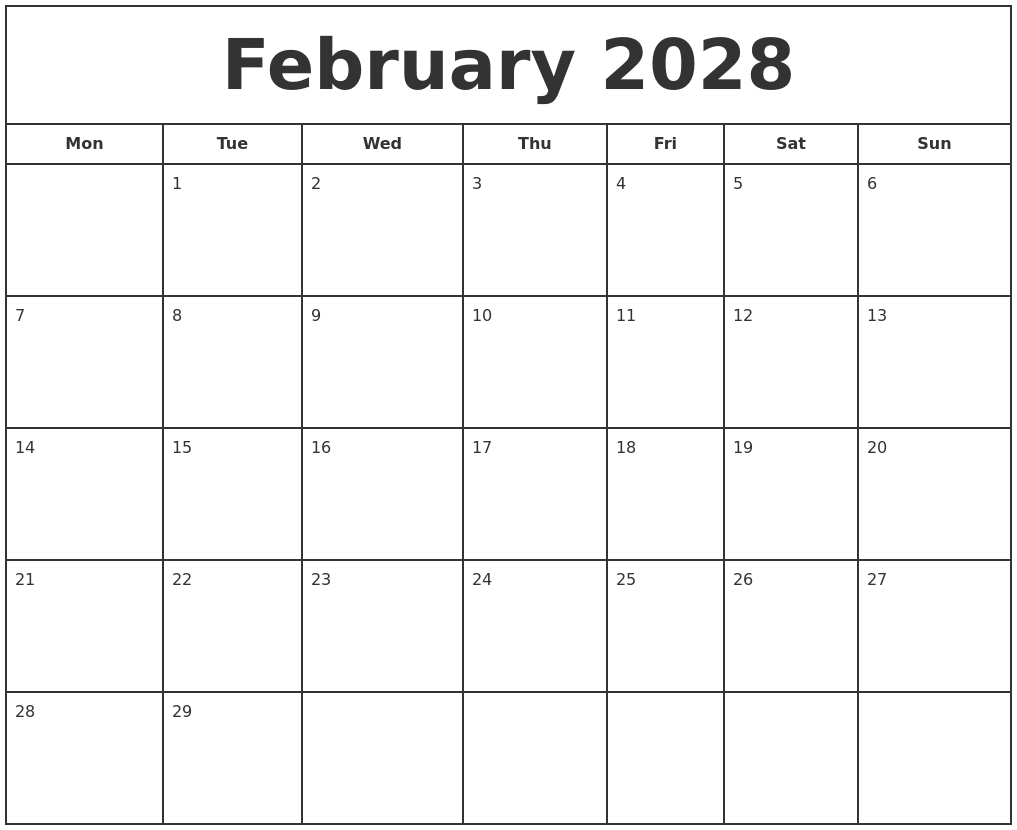 February 2028 Print Free Calendar