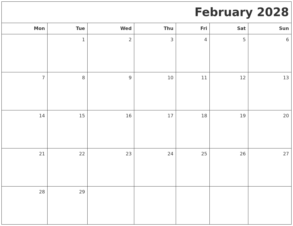 February 2028 Printable Blank Calendar