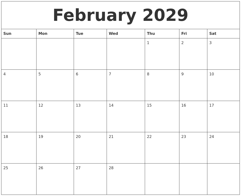 February 2029 Birthday Calendar Template