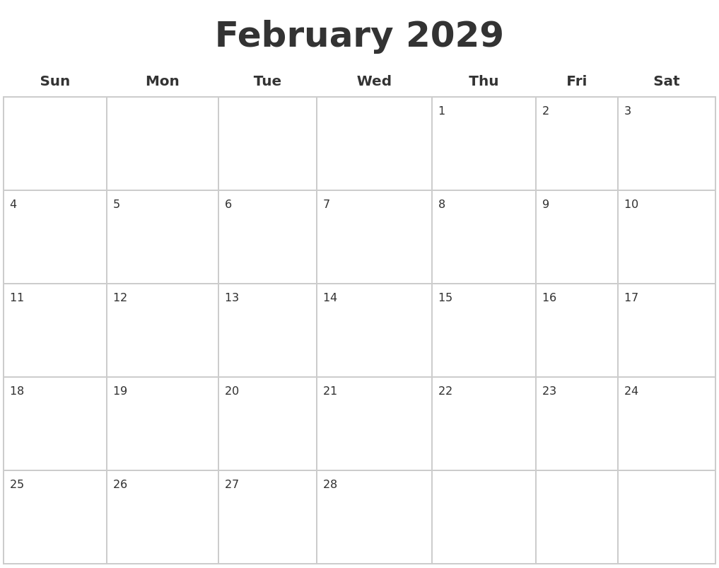 February 2029 Blank Calendar Pages