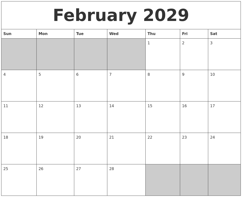 February 2029 Blank Printable Calendar