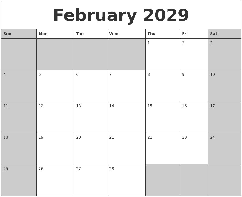 February 2029 Calanders