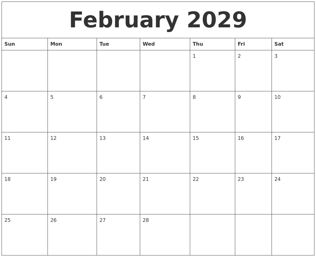 February 2029 Calendar Month
