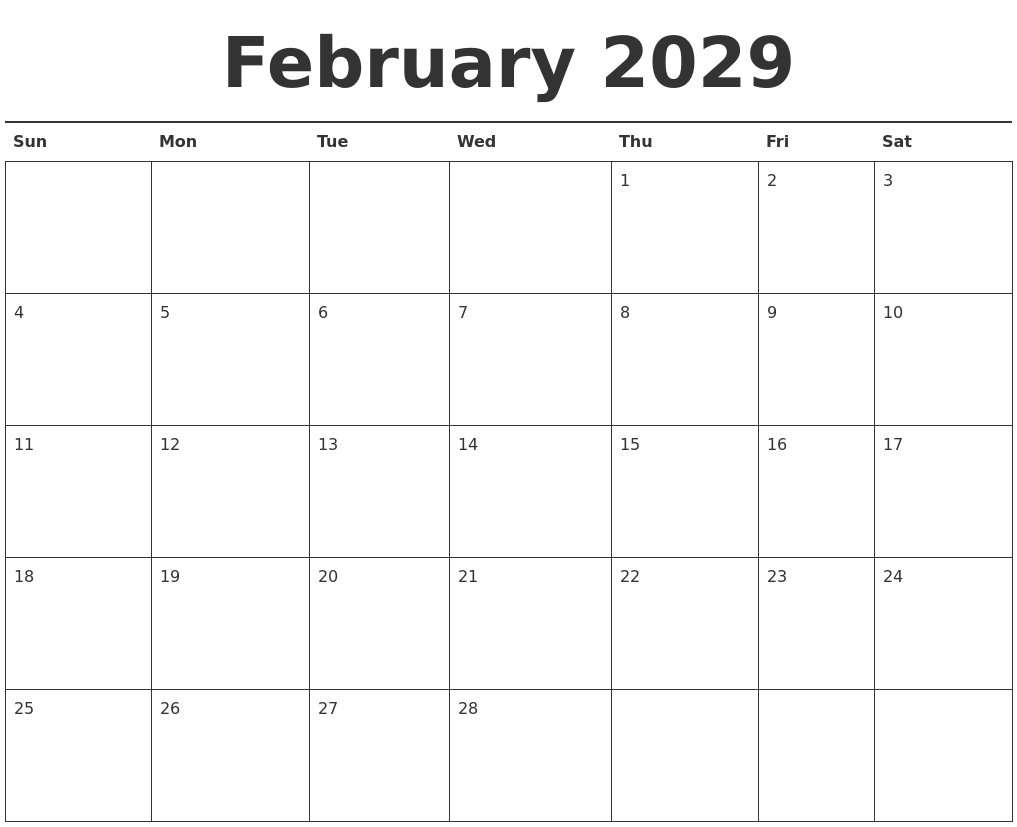 February 2029 Calendar Printable