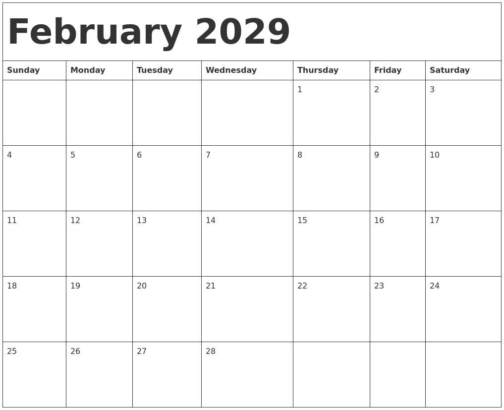 February 2029 Calendar Template