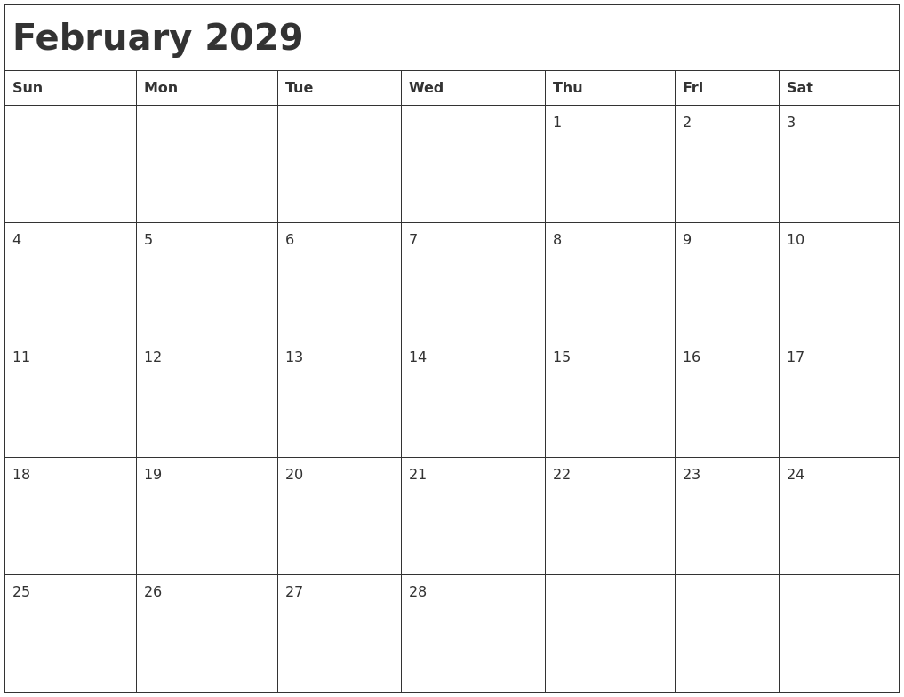 February 2029 Month Calendar