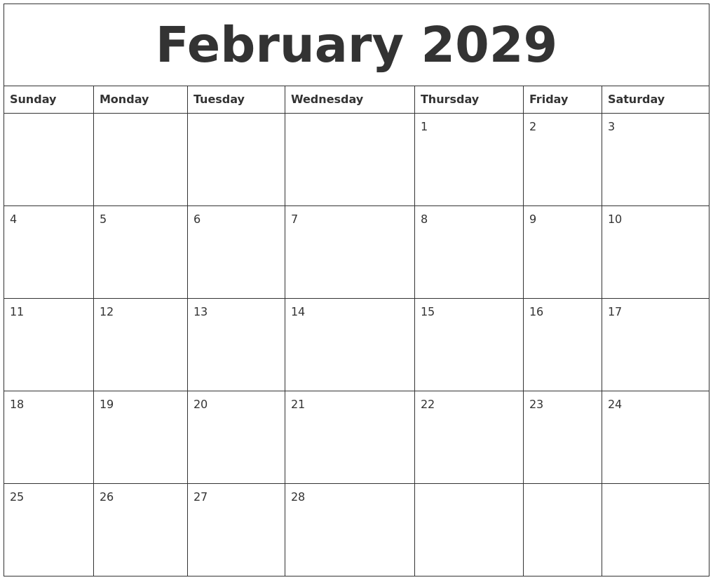 February 2029 Printable Calendar Pdf