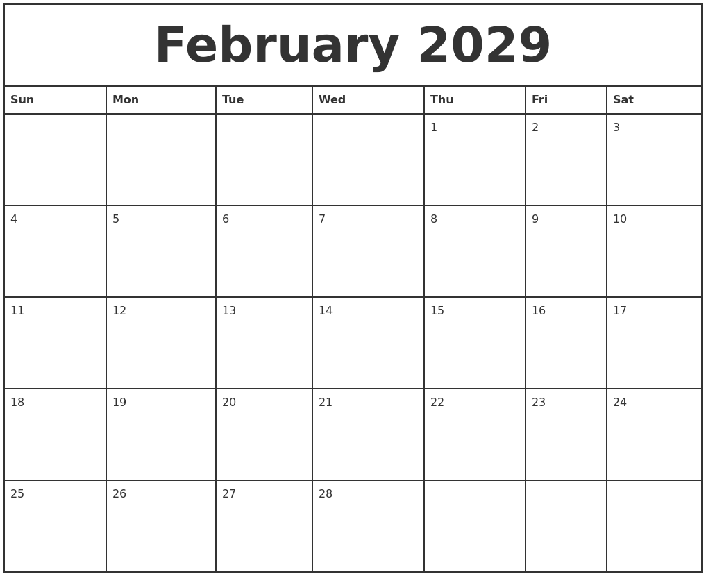February 2029 Printable Monthly Calendar