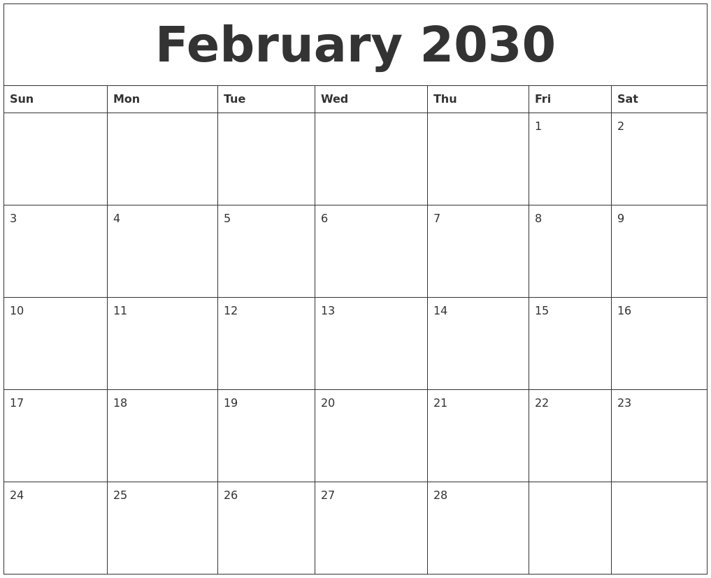 February 2030 Blank Calendar Printable