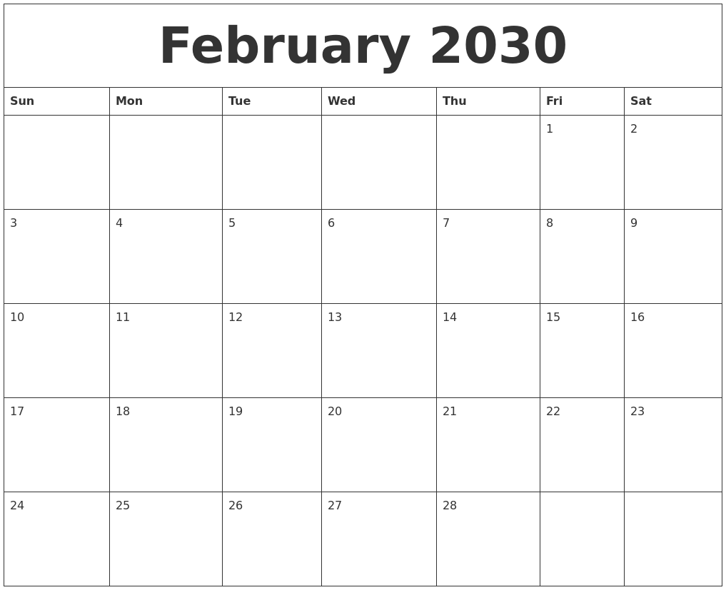 February 2030 Blank Monthly Calendar Pdf