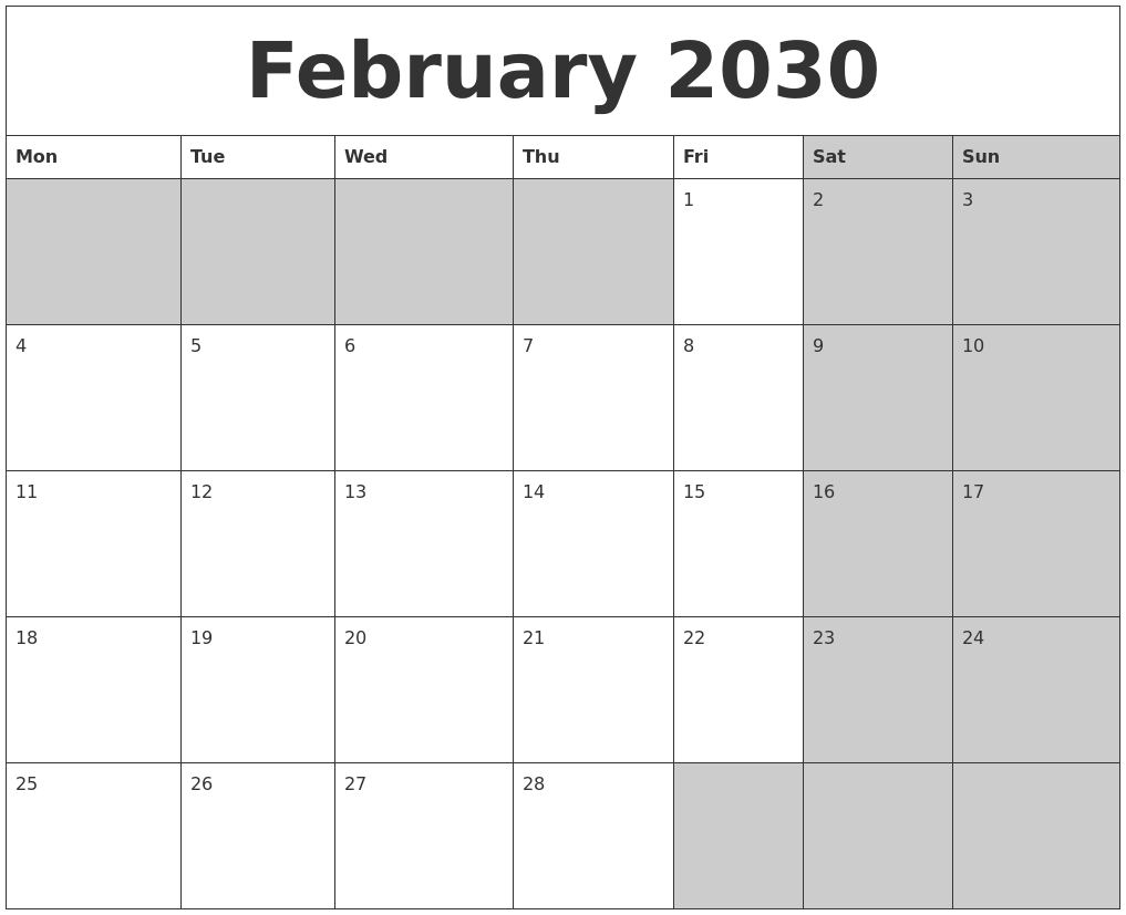 February 2030 Calanders