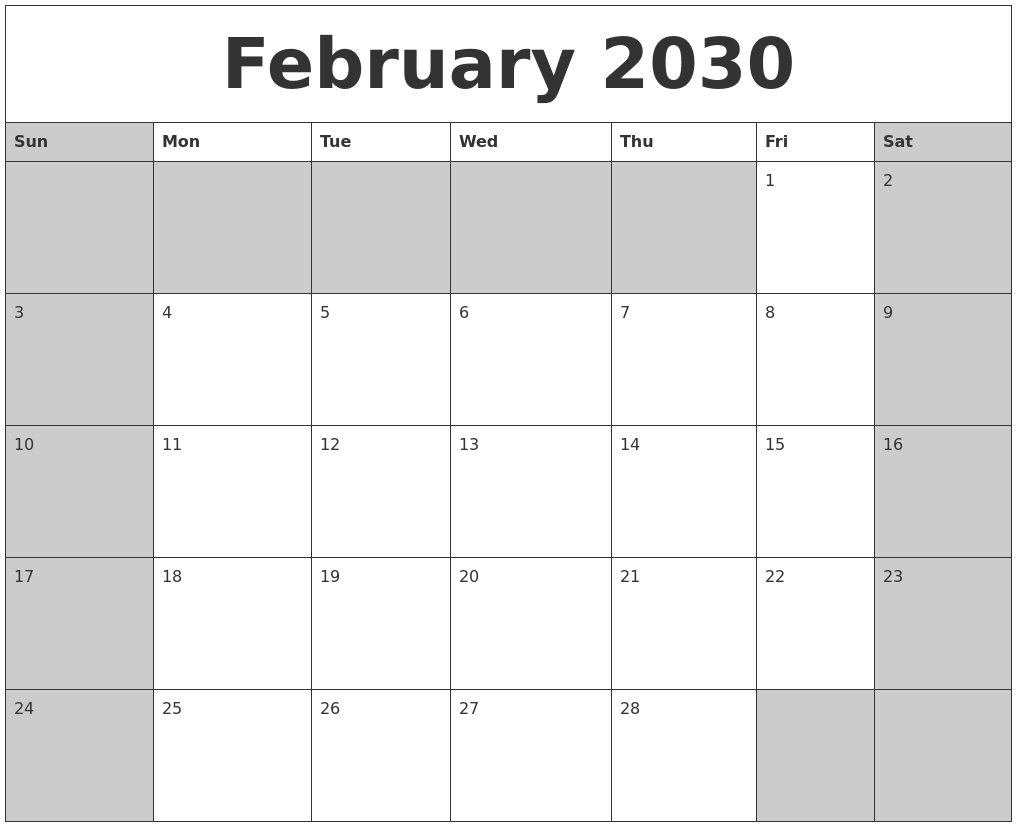 February 2030 Calanders