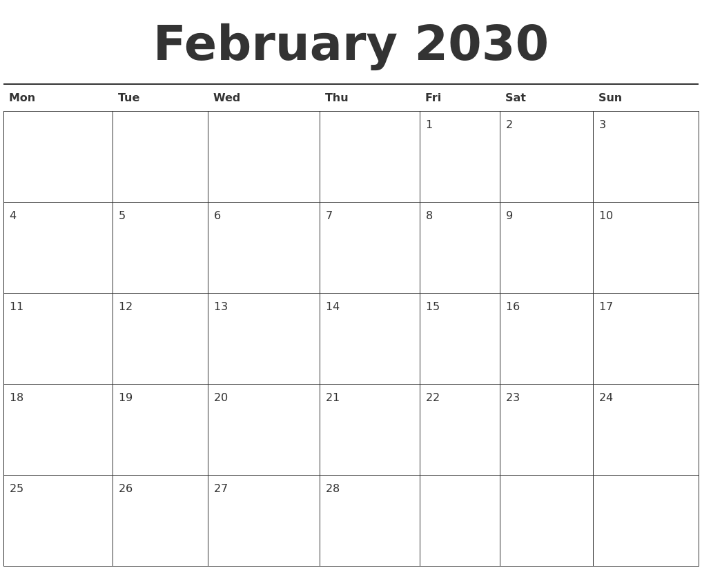 February 2030 Calendar Printable