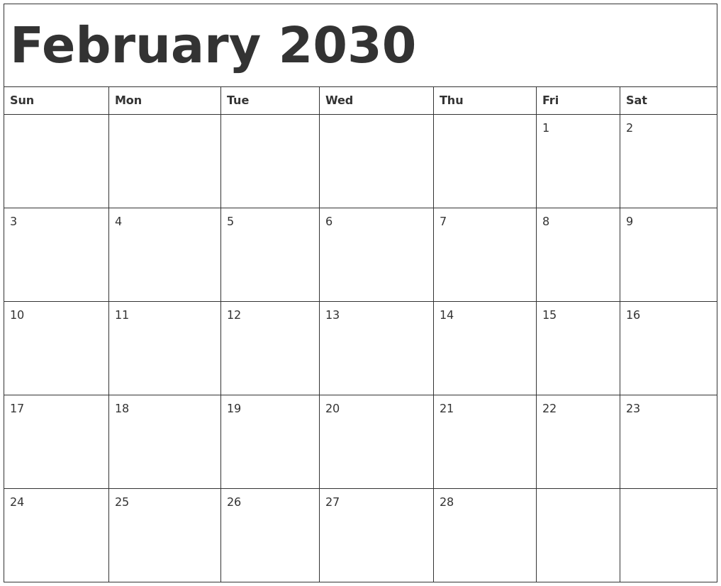 February 2030 Calendar Template