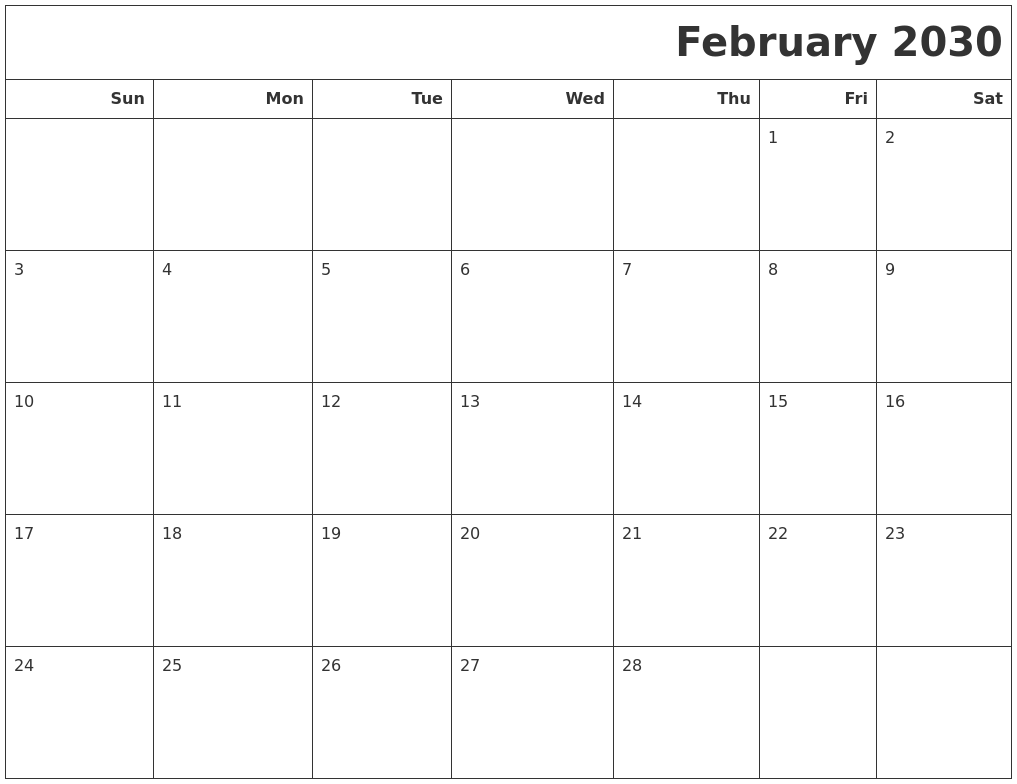 February 2030 Calendars To Print
