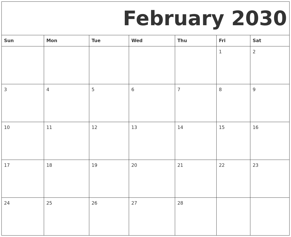 February 2030 Free Printable Calendar