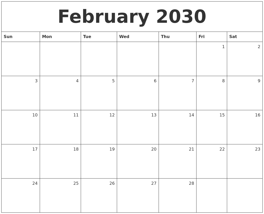 February 2030 Monthly Calendar
