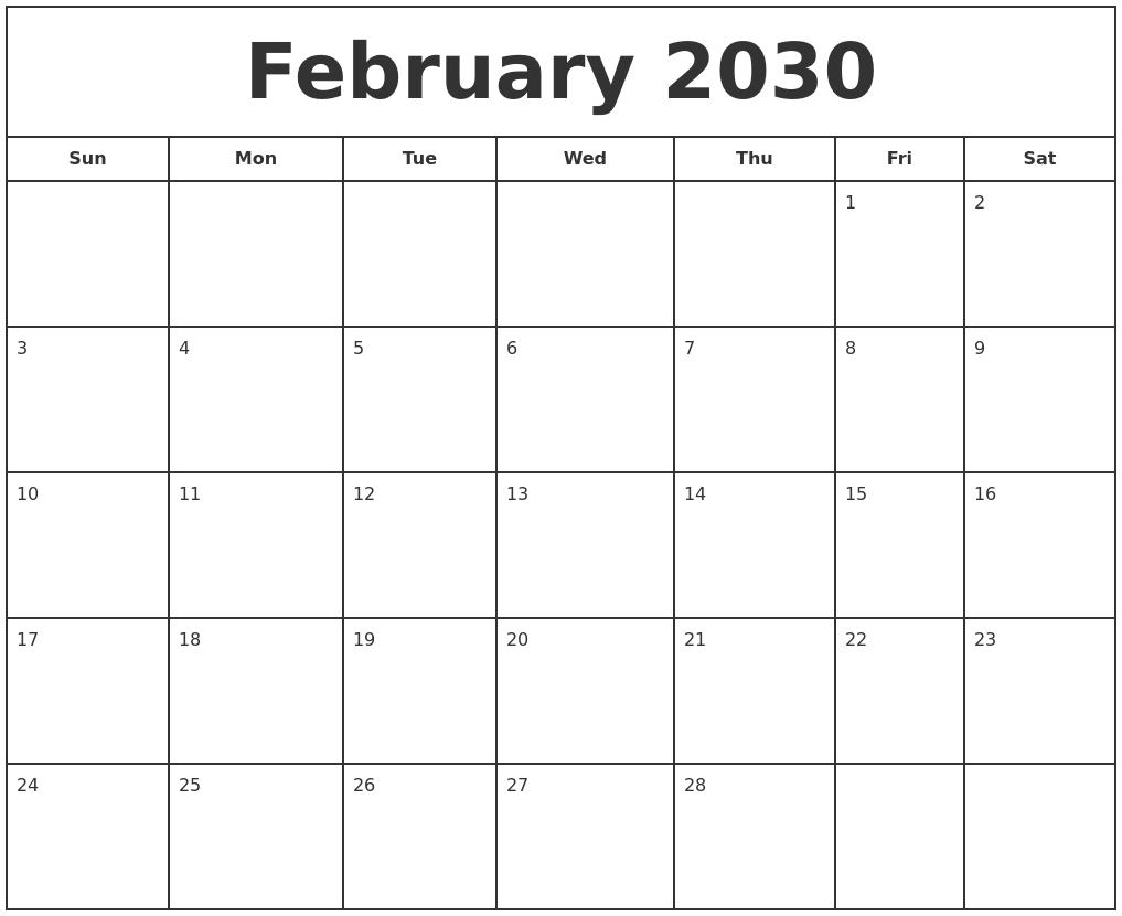 February 2030 Print Free Calendar