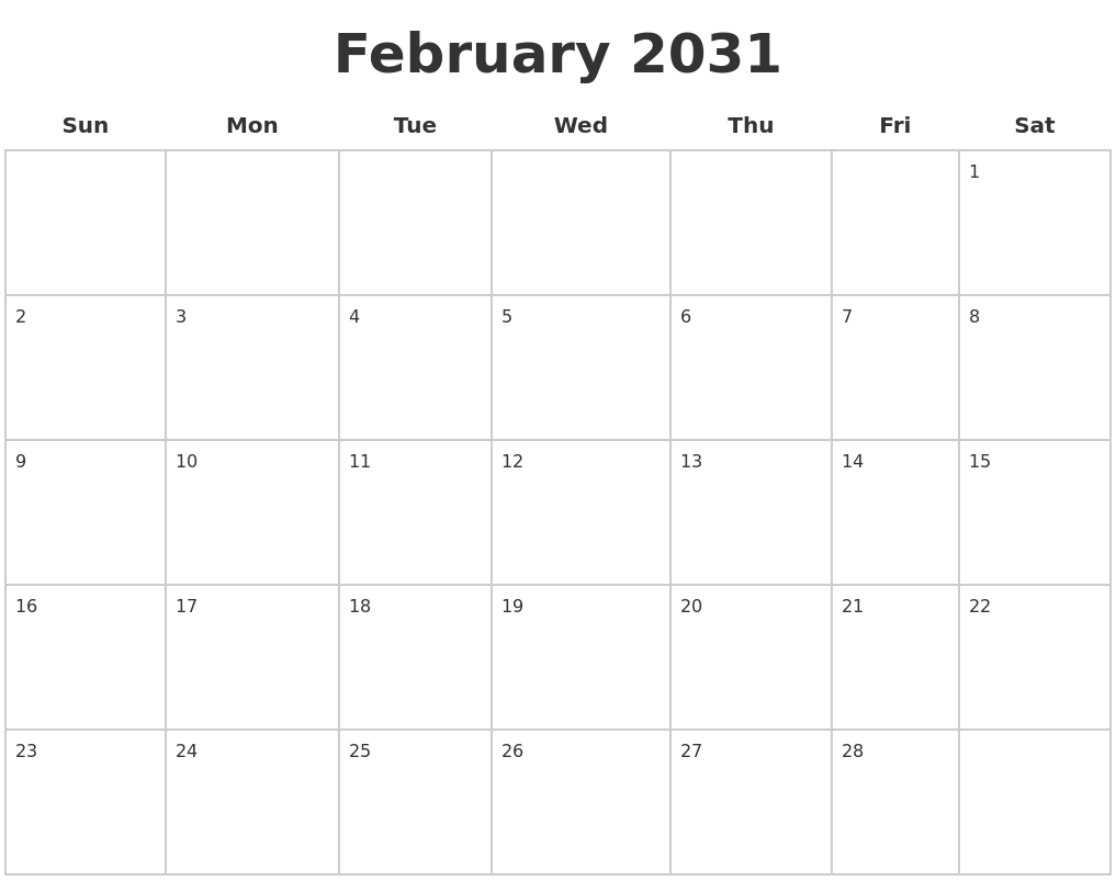 February 2031 Blank Calendar Pages