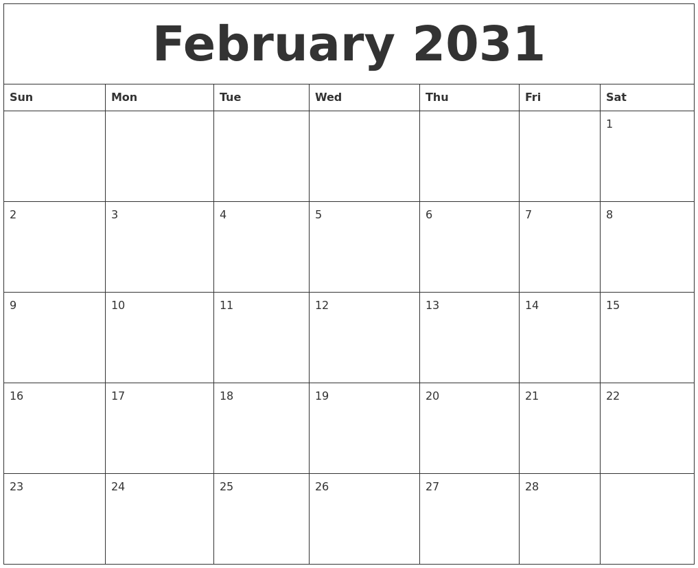 February 2031 Blank Monthly Calendar Pdf