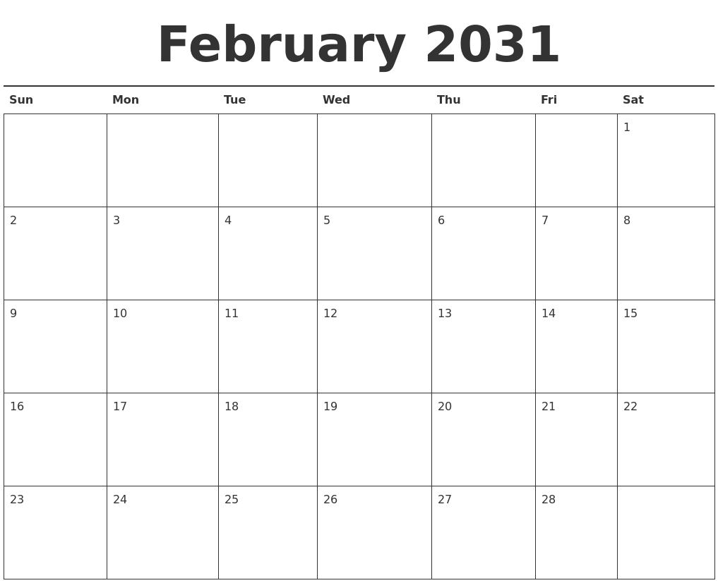 February 2031 Calendar Printable