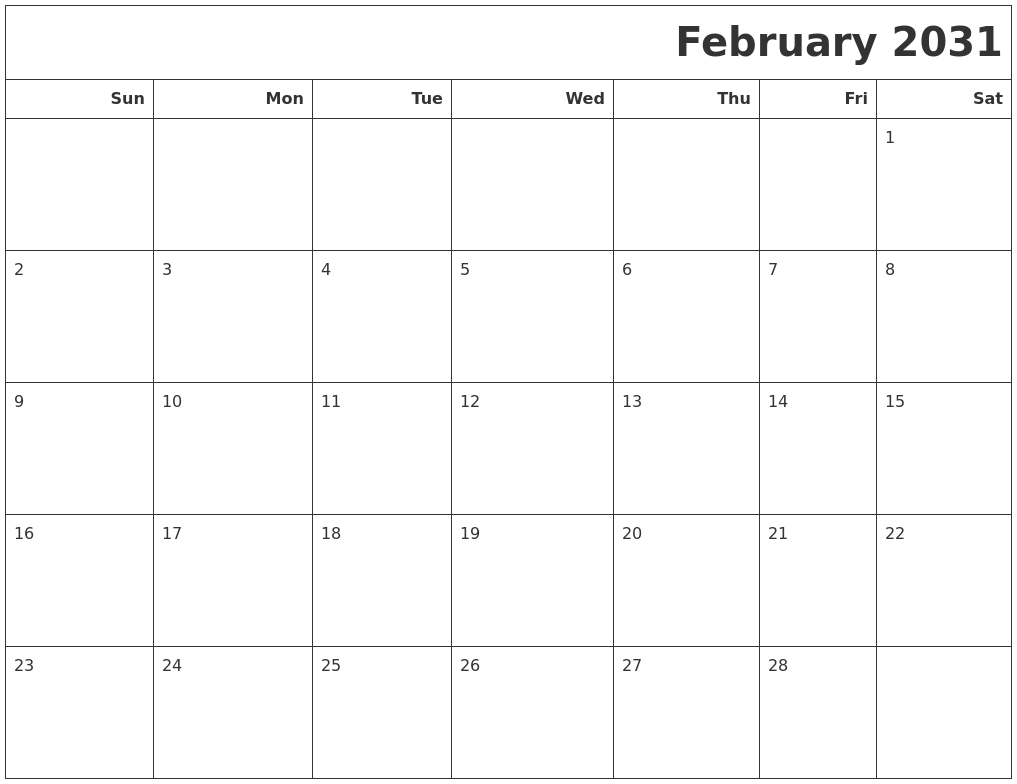 February 2031 Calendars To Print