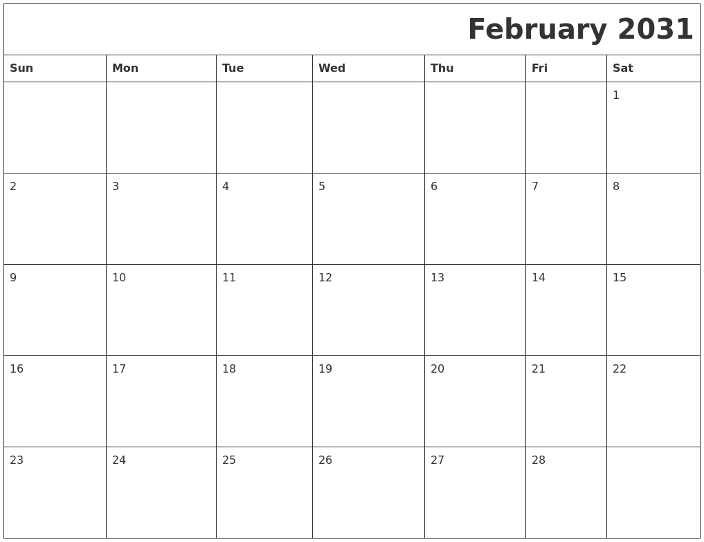 February 2031 Download Calendar