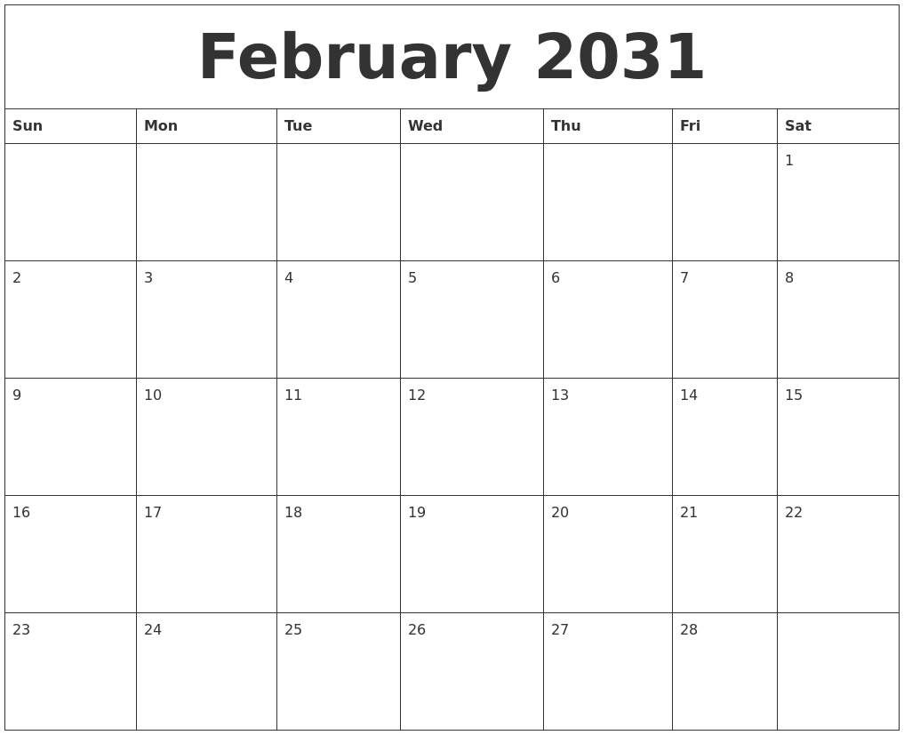 February 2031 Free Calendar Download
