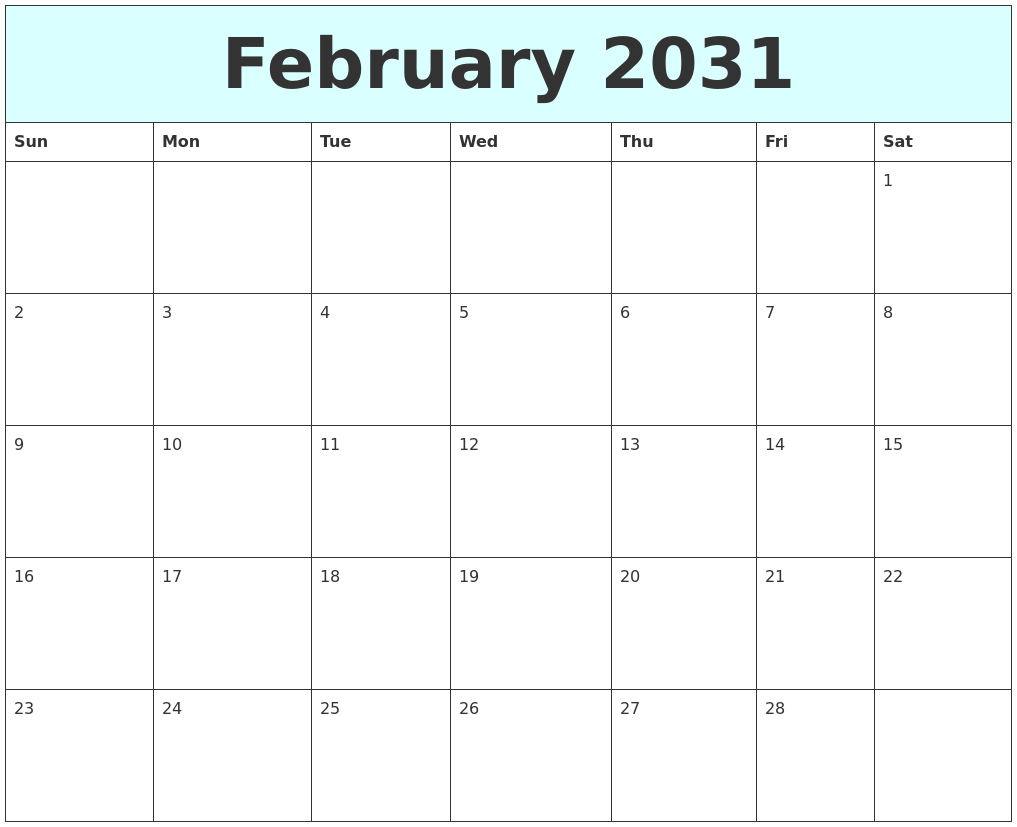 February 2031 Free Calendar