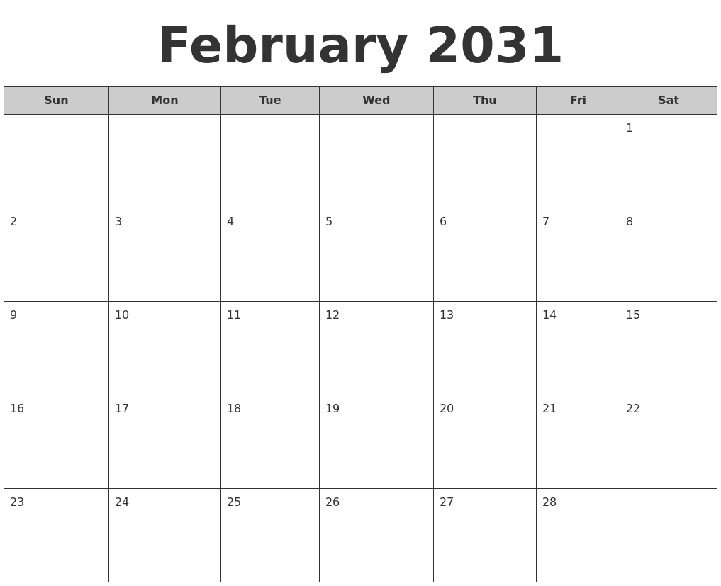 February 2031 Free Monthly Calendar