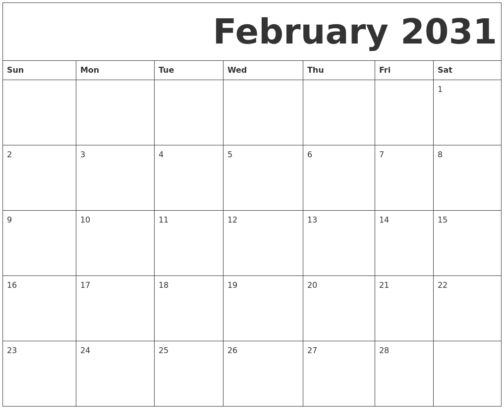 February 2031 Free Printable Calendar