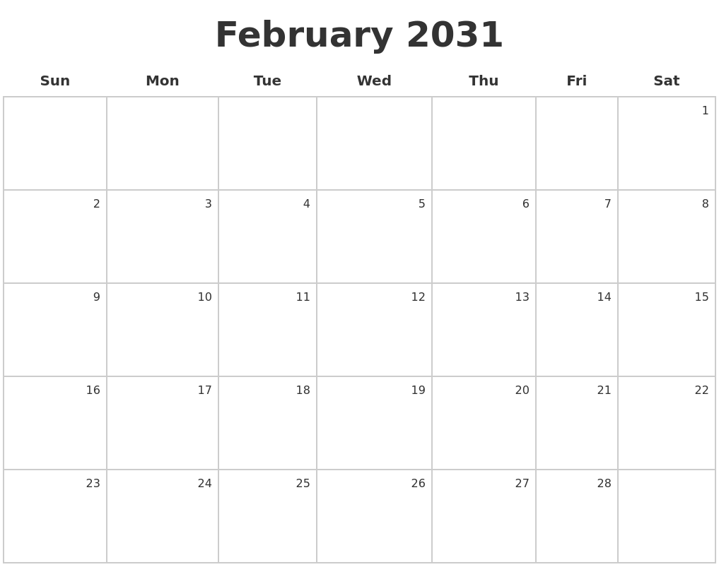 February 2031 Make A Calendar
