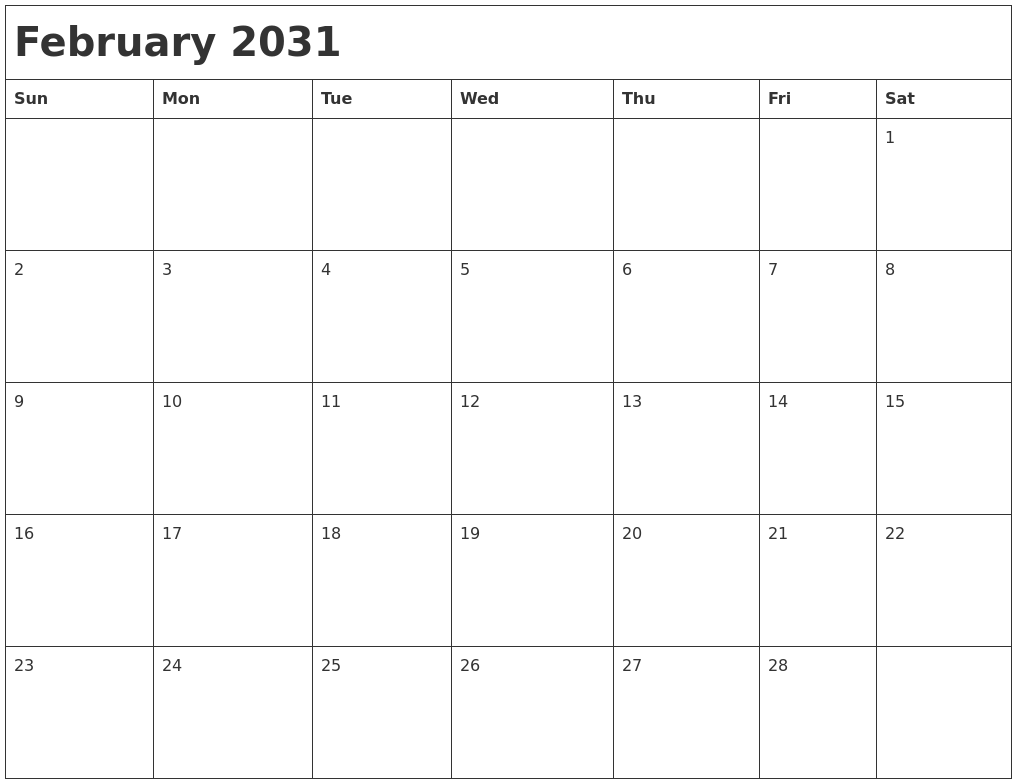 February 2031 Month Calendar