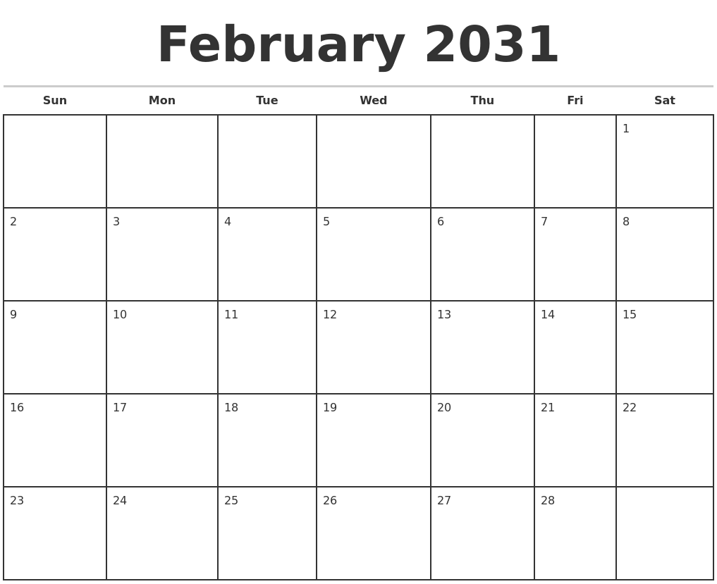 February 2031 Monthly Calendar Template